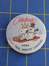 1990 Celebrate Saint Paul Winter Carnival Pin Button 2.25" Snoopy Minnesota 