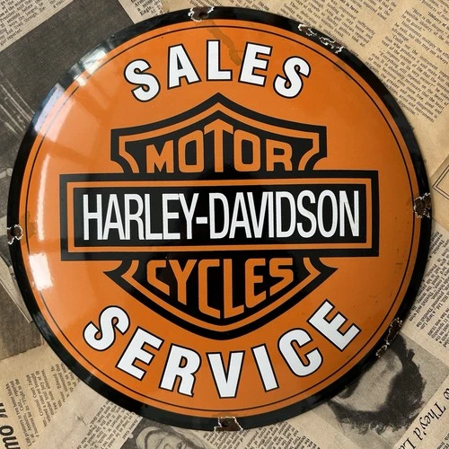 VINTAGE HARLEY DAVIDSON MOTOR SALES SERVICE 12 INCH CONVEX PORCELAIN ENAMEL SIGN