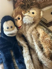 Set of 3 Vintage Furry Hanging Monkey Hand Puppets Brown Stuffed Animals 34”