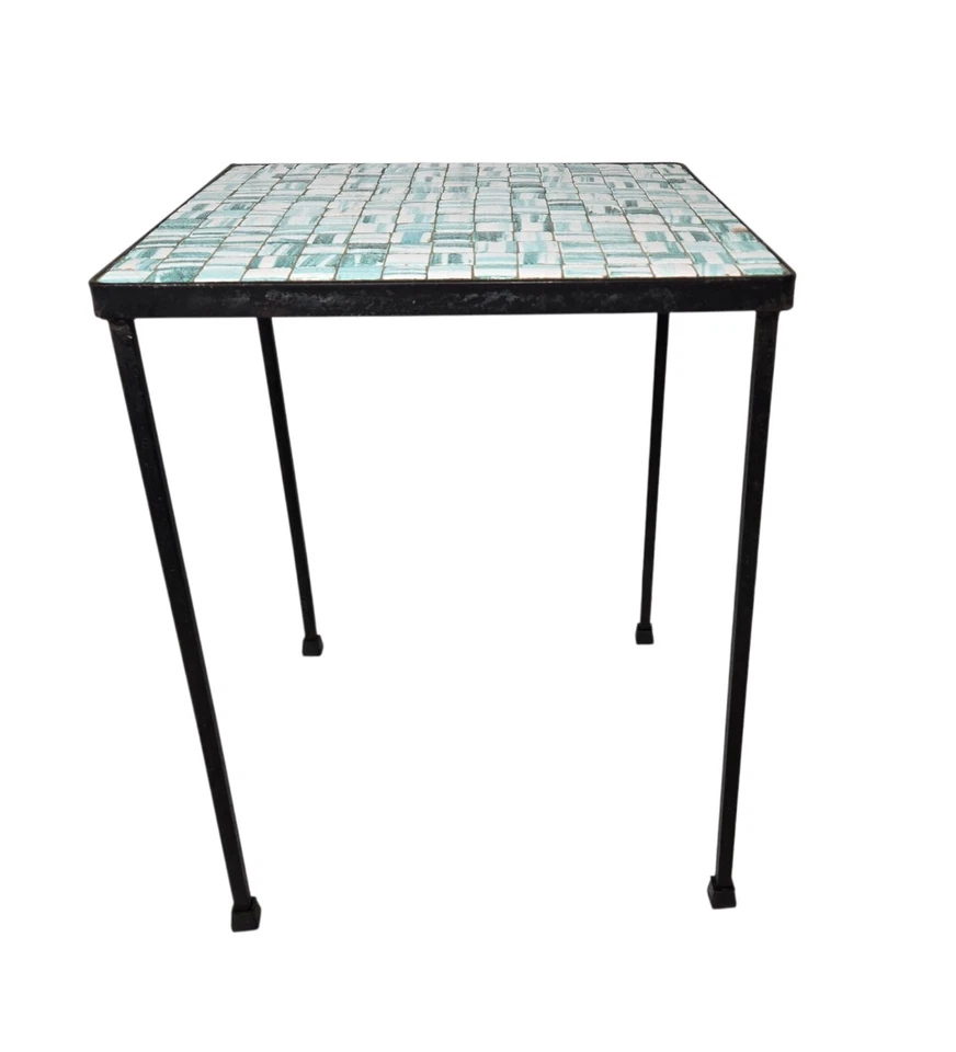 Mid-Century Modern Turquoise Green Tile Table Wrough Iron Table  - Image 2 of 4