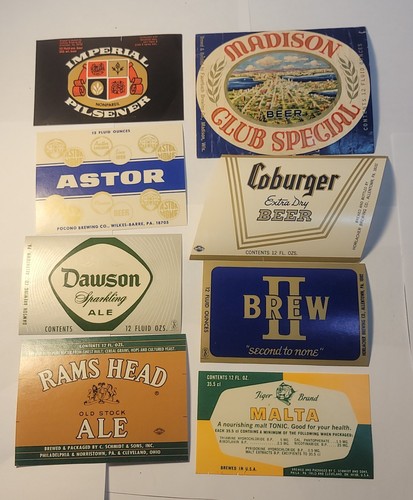 Vintage Lot 8 Paper Beer Bottle Labels Used and Unused