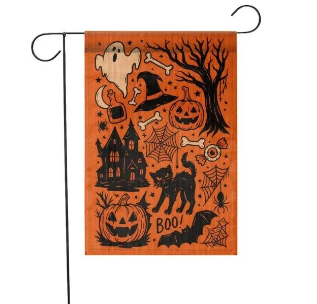 Vintage Halloween Garden Flag Black Cat Witch Pumpkin Outdoor Yard Decor
