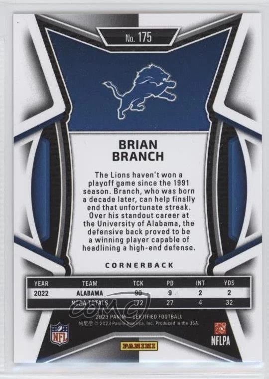 2023 Certified Rookies FOTL FOTL Mirror Purple /10 Brian Branch #175 Rookie RC - Image 2 of 2