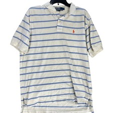 Ralph Lauren Polo Shirt Mens Size L Blue White Striped Short Sleeve Cotton STAIN