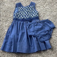 Vintage Baby GAP Blue Dress with Floral and Smocking Details size 12-18