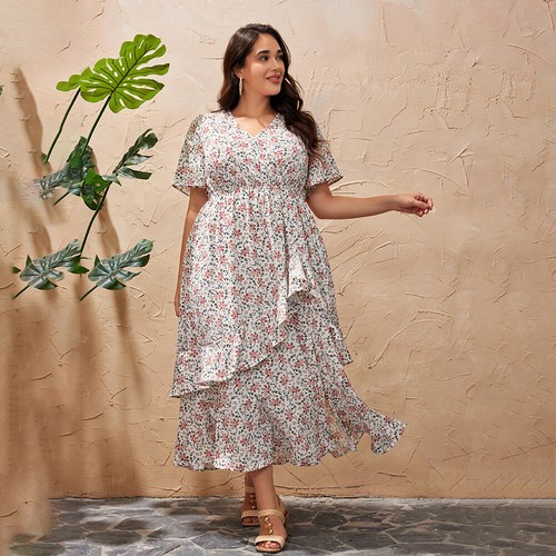 Plus Size Boho Women V-Neck Ruffle Floral Short Sleeve Midi Dress Party Dresses - Zdjęcie 6 z 22