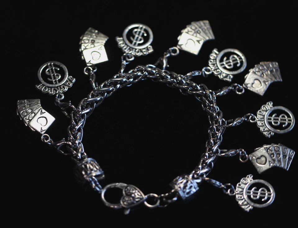 Jackpot Royal Flush Charm Bracelet Silver Pewter Charms 8" Interchangeable Vegas - Image 2 of 4
