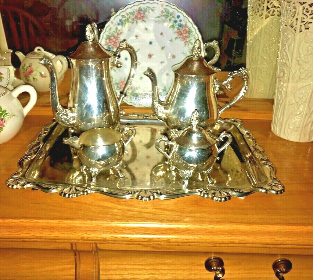ELEGANCE IN SILVER 4-pc TEA and COFFEE SERVING SET plus SERVING