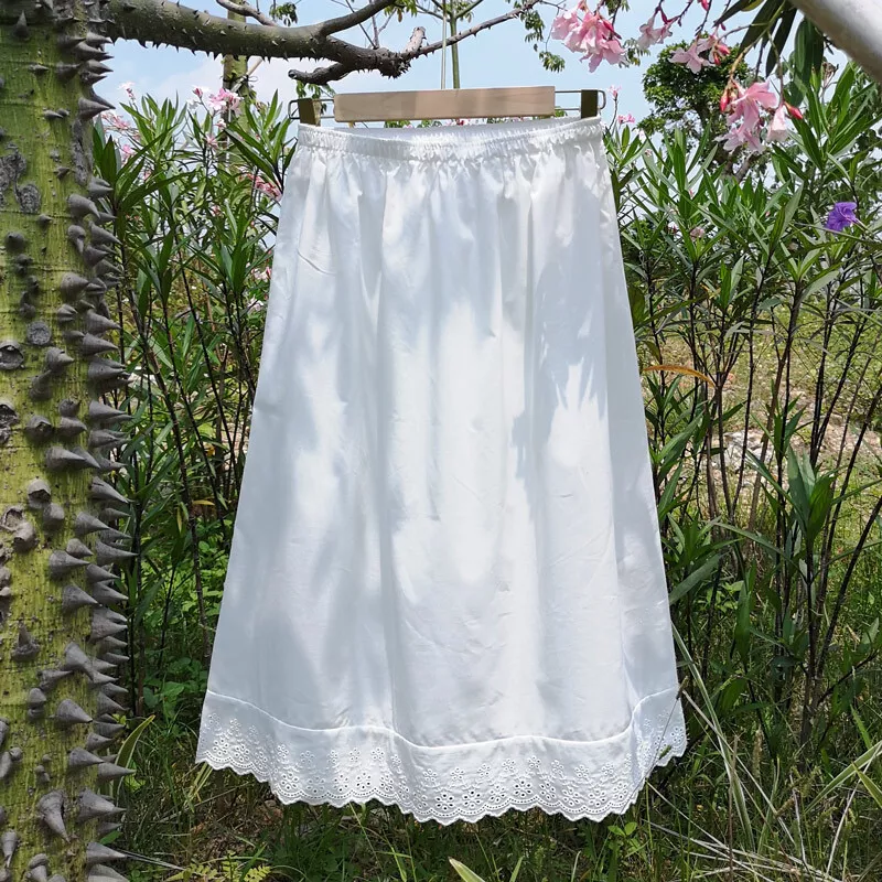 Lady Cotton Underskirt Half Waist Slip Embroidery Lace Trim White Soft  Petticoat