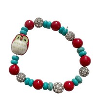 Owl Bracelet Red Blue Rhinestones Beaded Stretch One Size