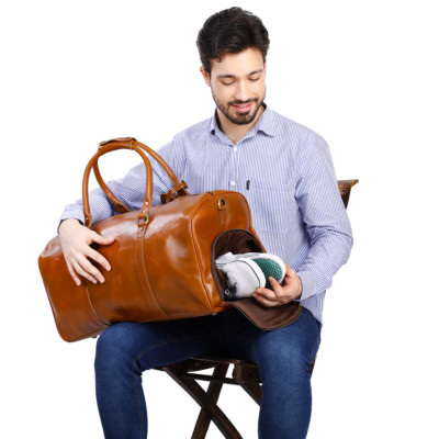 Travel Duffle Bag with Shoe Compartment, Gym Genuine Leather  Weekend Overnight