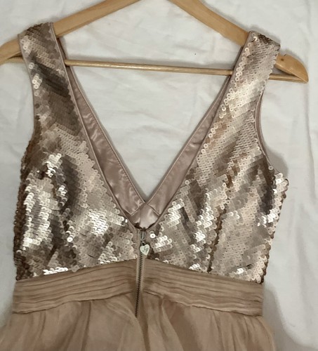 Lypsy Y2K Champagne Colour Baby Doll Dress, Sequin Bodice/Chiffon Skirt Size 8 - Picture 9 of 12