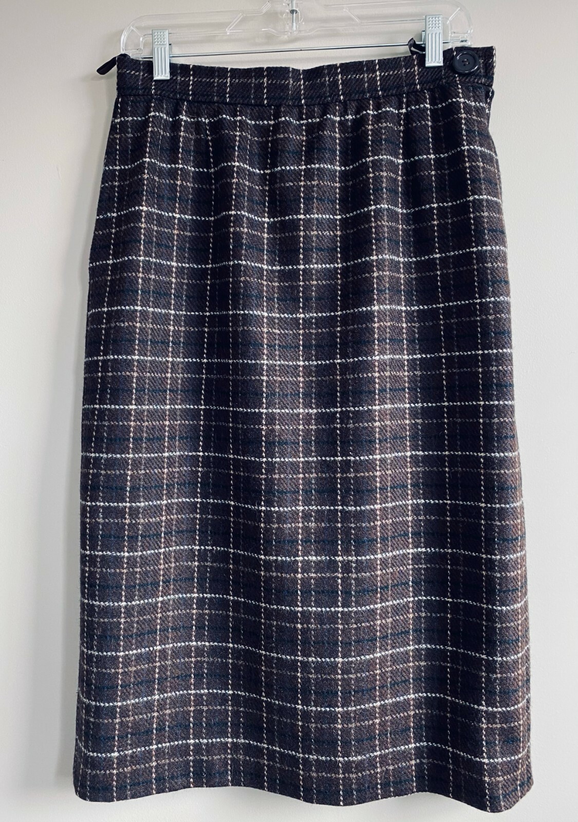 Gonna Foderata Vintage Yves Saint Laurent 14 44 100% Lana Grande A Quadri Marroni Riempita