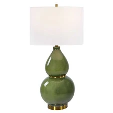 Elegant Gloss Moss Green Ceramic Gourd Shape Table Lamp 31 in Brass Gold Classic