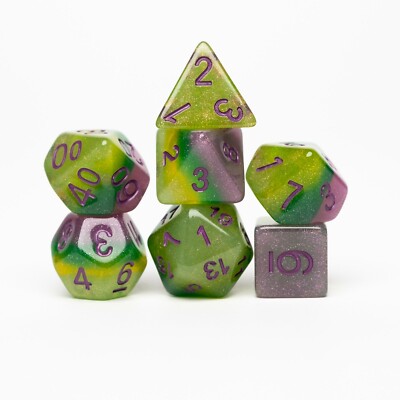 Rainbow Purple/Green 7 Dice Set RPG DnD Dungeons Dragons Pathfinder d20 AD&D D&D