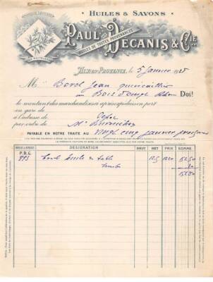 Invoice.AM19716.Aix en Provence.1928.Paul Décanis & Cie.Oil.Soap.Le Roitel