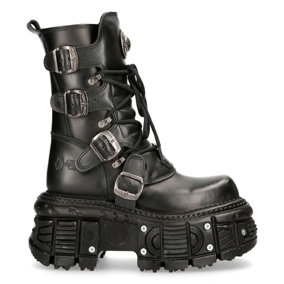 NEW ROCK BOOTS TANK373-S1 Black Leather Unisex Combat Platform Biker Goth Shoes - Image 3 of 4