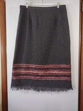 Sag Harbor Gray Tweed Midi Skirt w/Embroidered Trim and Fringe, SIze 16W, 4928