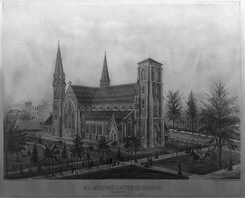 Église catholique Saint-Joseph, Albany, New York, 1879, religieuse, arbres, noir et blanc - Photo 1 sur 1