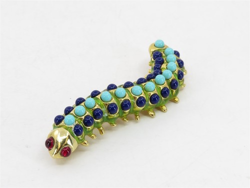 KJL Brosche blau grün Caterpiller mit roten Cabochon Augen Kenneth Jay Lane Schmuck - Bild 8 von 8