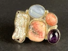 Vtg 925 Sterling Silver Multi-Stone Baroque Pearl Amethyst Chalcedony Ring Sz 6