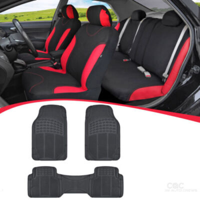 12PC Red/Black Car Seat Covers Rubber Floor Mats Interior Set