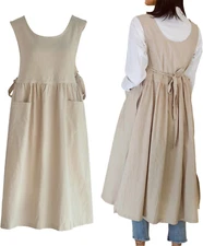 Women plus Size Cotton Linen Vintage Pleated Split Apron Pinafore Dress with Two