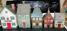 5 pc WOODEN Cottage HOUSE CANISTER SET Kitchen Village w Inserts Nice Condition