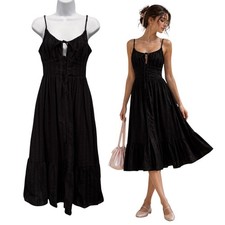 Forever 21 Midi Tiered Lined Dress Black Smocked Boho Milkmaid Y2K Size XS NEW