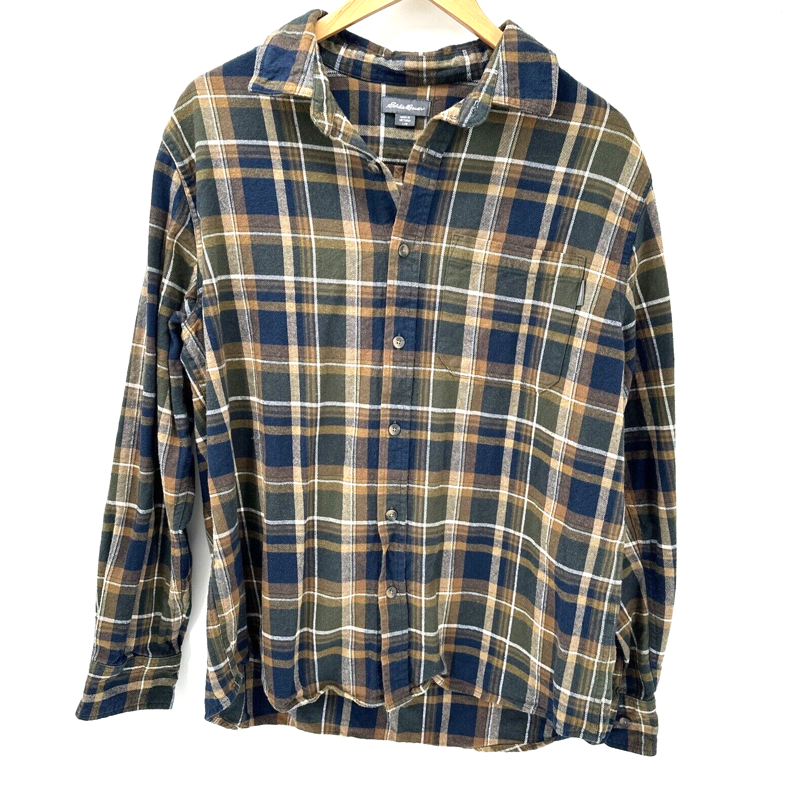 Eddie Bauer Men's Large Flannel Shirt Brown Blue Plaid Cotton Button-Up for Outdoor Wear