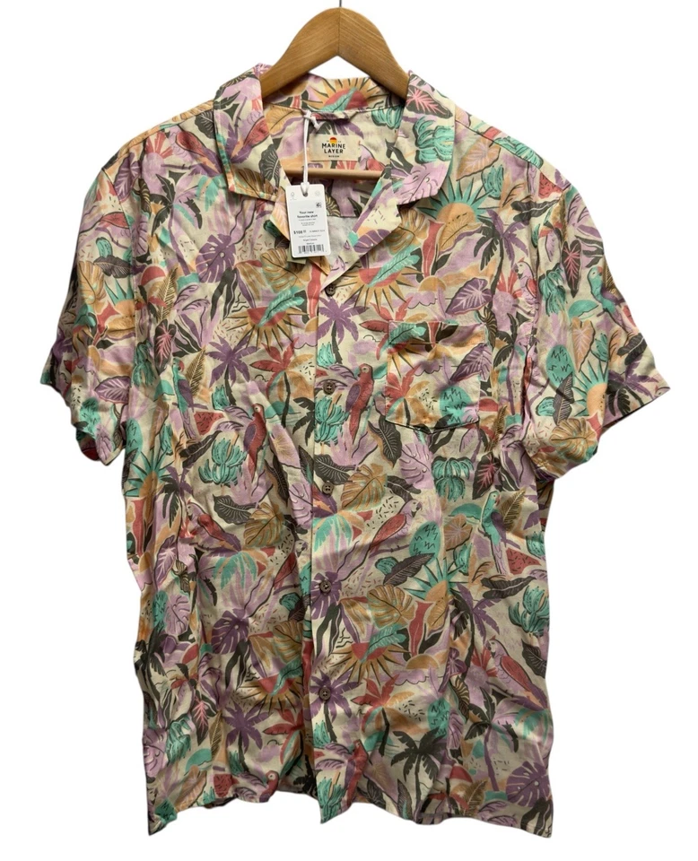 Marine Layer NEW Men's Sz M Floral Parrots Birds Tencel Linen Beach Resort Shirt - Image 2 of 4