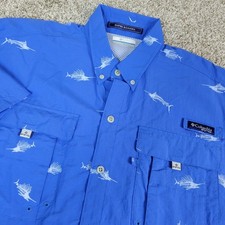 Columbia PFG Super Bahama Mens Large Blue AOP Fish Vented Button Down SS