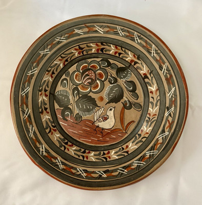 Hand-Painted Mexican Pottery Wall Plate w/ Hanging Loop, Bird & Floral Design