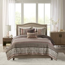 Red Floral Jacquard Quilt Set Full/Queen 5pc Lightweight Bedding w/ Shams