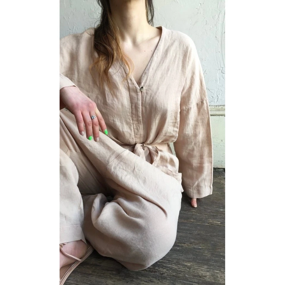 BLACK CRANE Painter Jumpsuit Linen Womens Small Peach Long Sleeve Belted Relaxed - Image 2 of 4