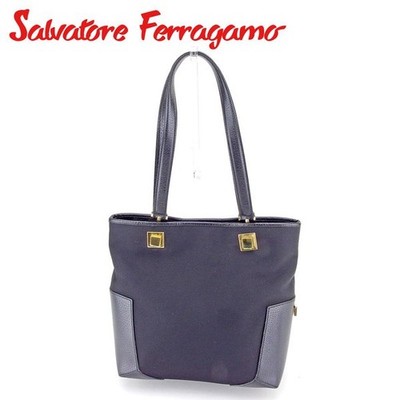 Salvatore Ferragamo T9453 Tote Bag Black Gold Logo Plate Preowned