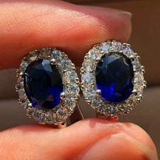 1.80Ct Oval Cut Lab-Created Sapphire Halo Stud Earrings 14K White Gold Plated