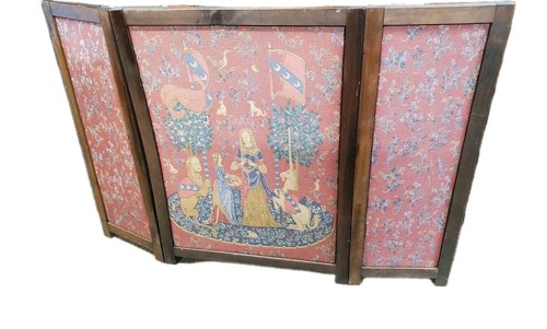 Vintage French Tapestry Folding Screen Medieval Lady & Unicorn 