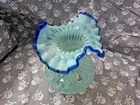 Fenton Vase 7” Aqua Turquoise Cobalt Blue With Ruffled Rim opalescence coin dot