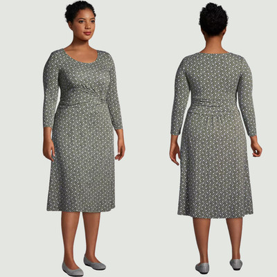 Lands End Twist Front Fit & Flare Dress 3X Green Paisley Tencel Stretch Jersey