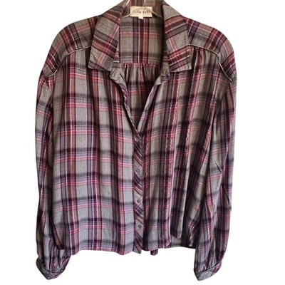 Bella Dahl Trimmed Flowy Top Womens Large Multicolor Plaid Shimmer Preppy Shirt
