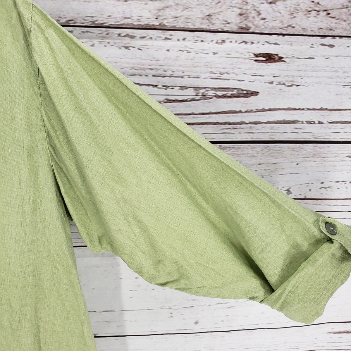 B. HADIKUSUMO Green 100%Linen Shark Bite Hem Roll Tab Sleeve Top Size XL View 5