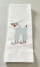 Patience Brewster Poodle on Skates Embroidered Linen Christmas Hand Towel 23x13"