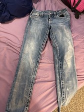 Miss Me Embellished Rhinestone Distressed Blue Denim Straight Jeans Women's