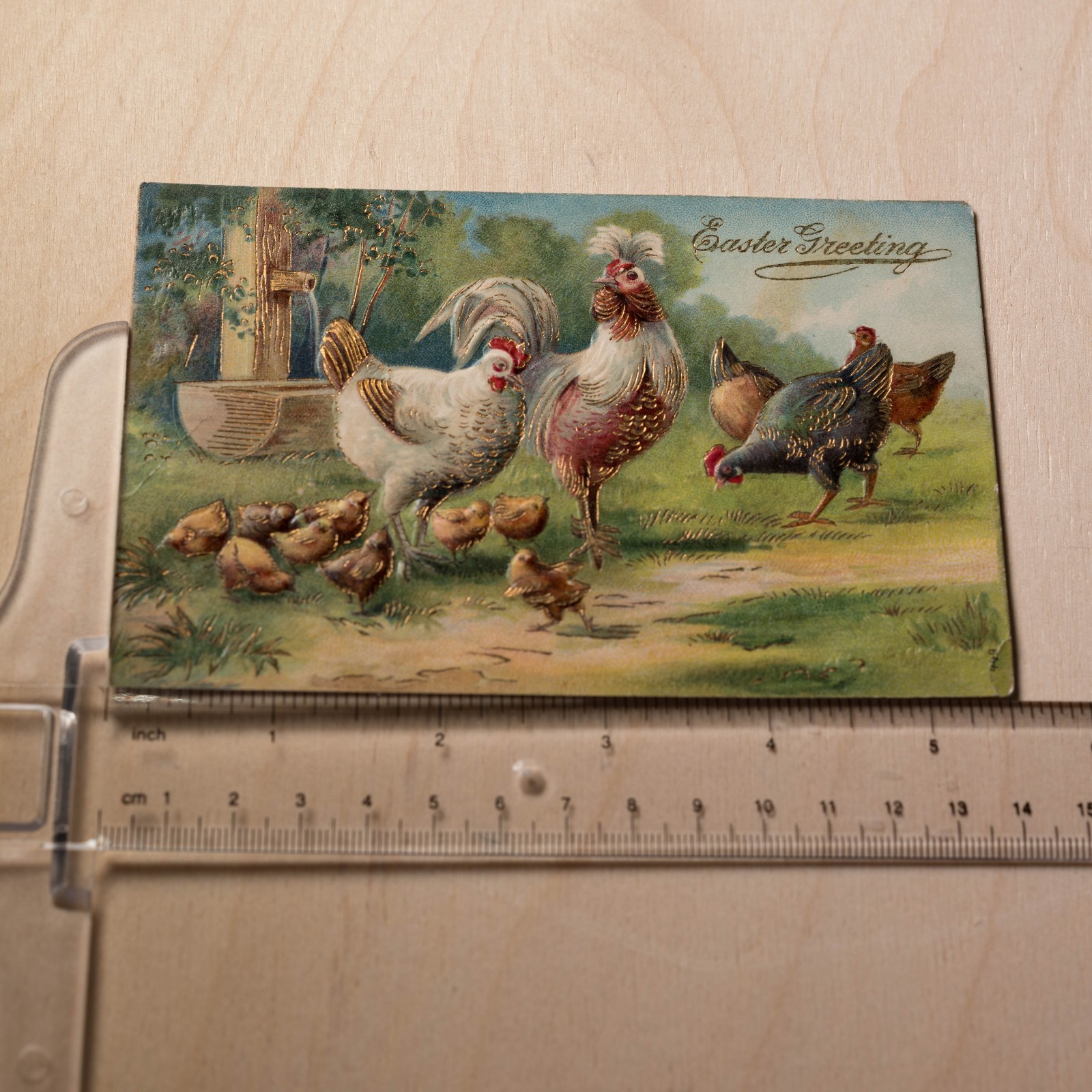 Antique Embossed Easter Postcard c.1900s - Gilded Rooster Family, Chicks
