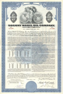 Socony Mobil Oil - 1963 dated $1,000 4 1/4% Bond - Direct Descendent of Standa