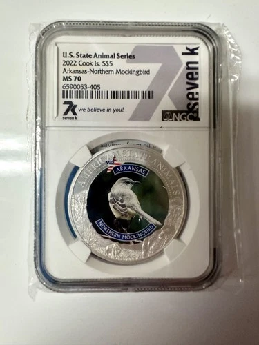 COOK ISLANDS 2022 U.S STATE ANIMAL SERIES ARKANSAS NGC MS70 7K METAL LABEL