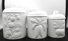 Vintage Over and Back White Ceramic Canister Set of 3 Embossed Vegetable Design