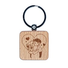 Cute Kissing Couple Love Valentine's Day Engraved Wood Square Keychain