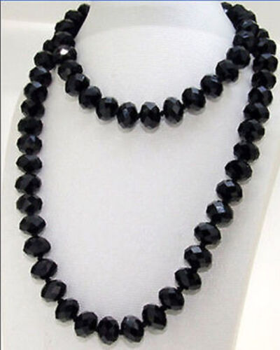 8 x 10 mm collier simple brin facettes verre noir cristal pierres précieuses perles 30" AAA - Photo 1/6